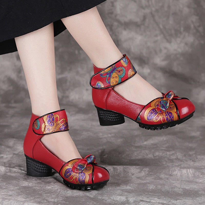 Floral Painted Leather Ankle Strap Soft Bottom Shoes - Ideal Place Market