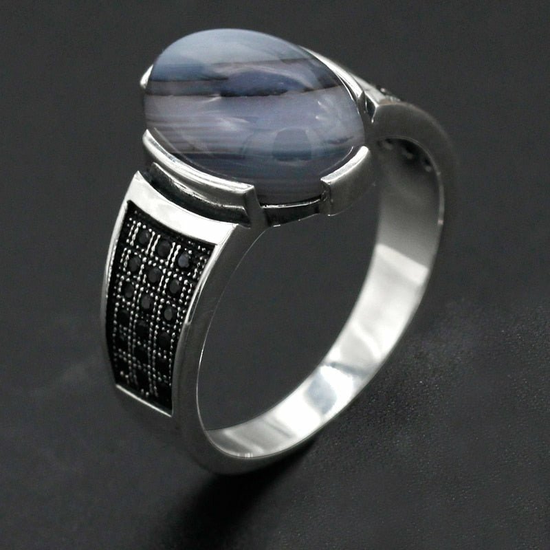 Genuine Agate & Black Zircon Ring in S925 Silver - Ideal Place Market