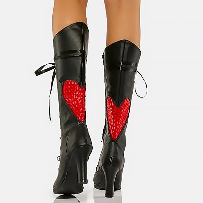 Genuine Black Leather Lace-Up Granny Boots with Red Heart - Ideal Place Market
