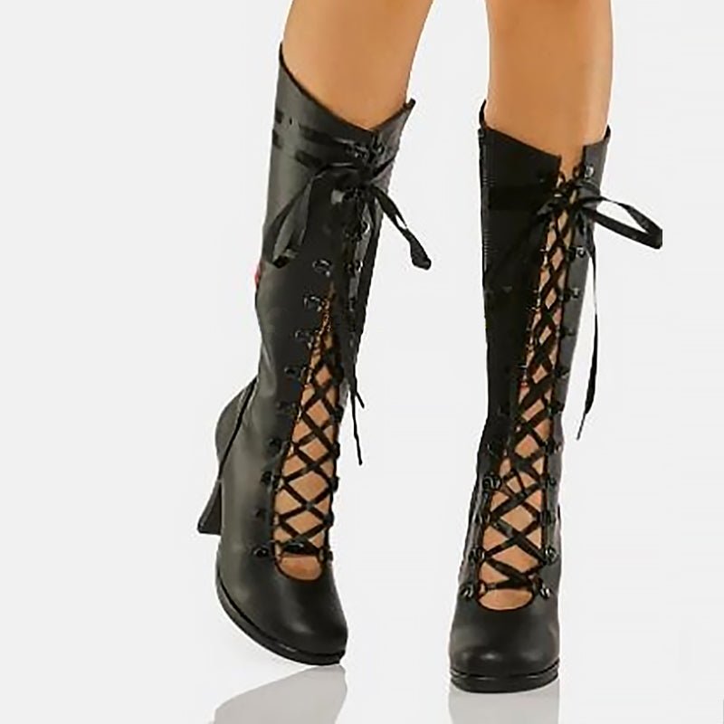 Genuine Black Leather Lace-Up Granny Boots with Red Heart - Ideal Place Market