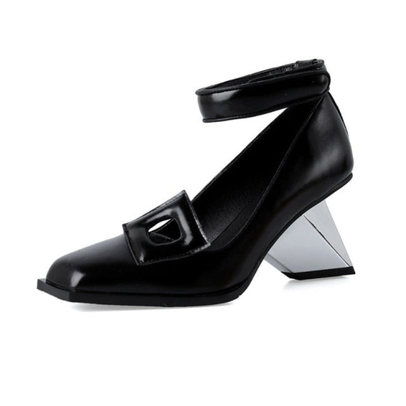 Genuine Cowhide Ankle Strap Pump with Severe Chiseled Heel - Ideal Place Market