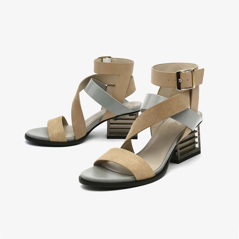 Genuine Leather Snake Embossed Cowhide Gladiator Sandals with Colorful Clear Heel - Ideal Place Market