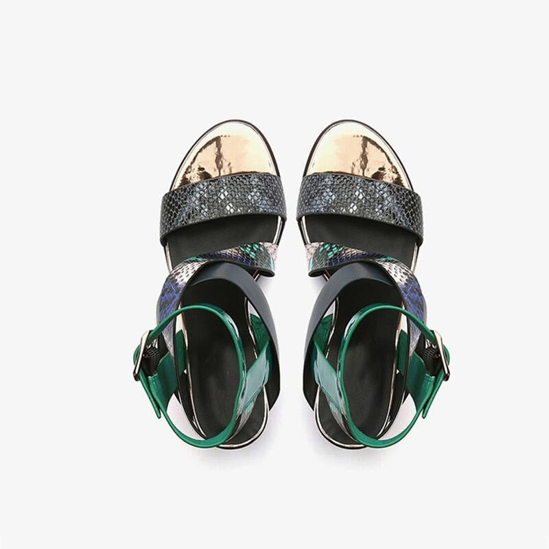 Genuine Leather Snake Embossed Cowhide Gladiator Sandals with Colorful Clear Heel - Ideal Place Market