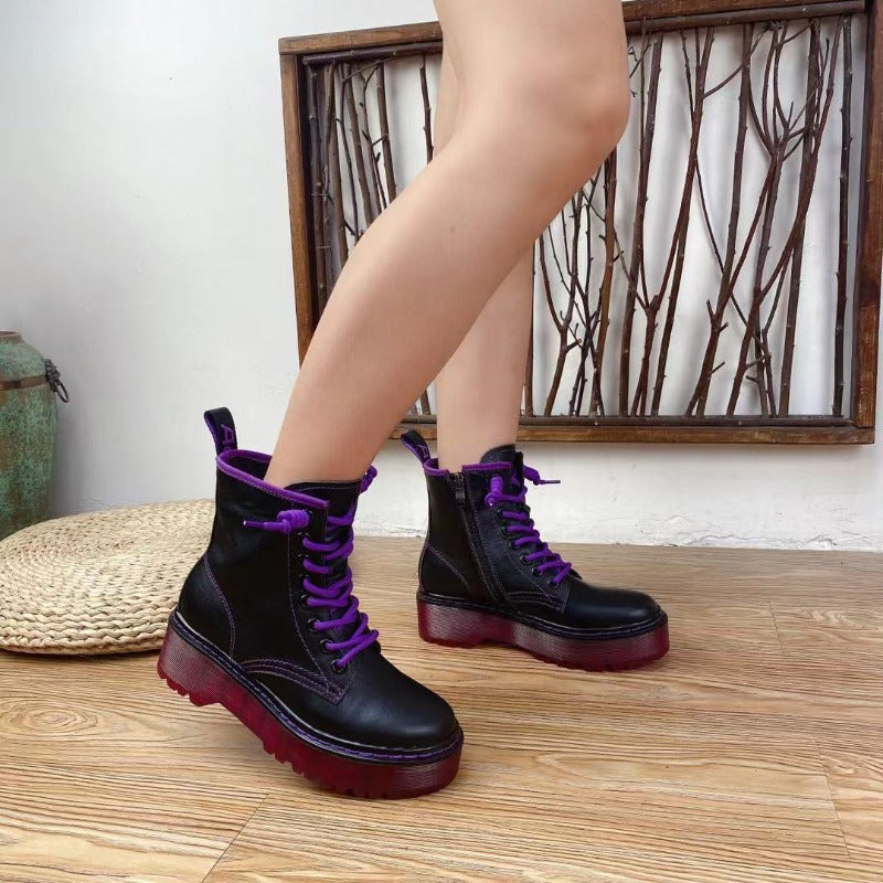 Genuine Black Leather Ankle Boots with Transparent Treaded 