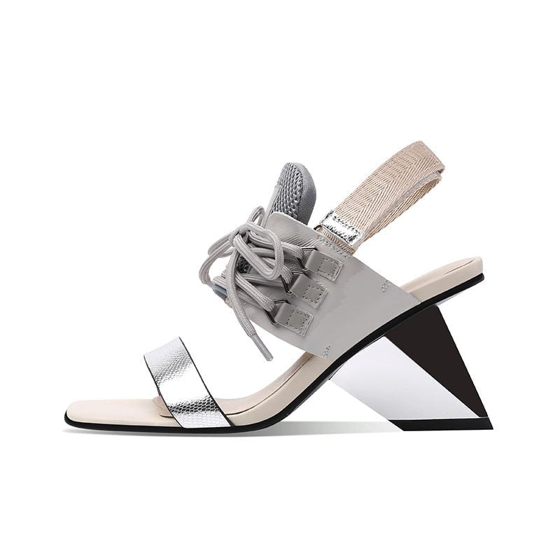 Genuine Leather Cowhide & Mesh Sandals with Severe Chiseled Heel - Ideal Place Market