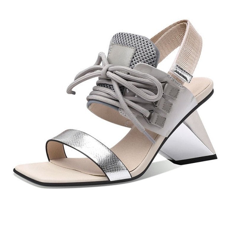 Genuine Leather Cowhide & Mesh Sandals with Severe Chiseled Heel - Ideal Place Market