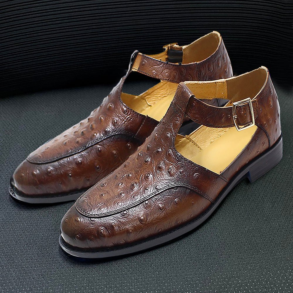 Genuine Leather Buckled Ostrich Pattern Sandals - Ideal Place Market