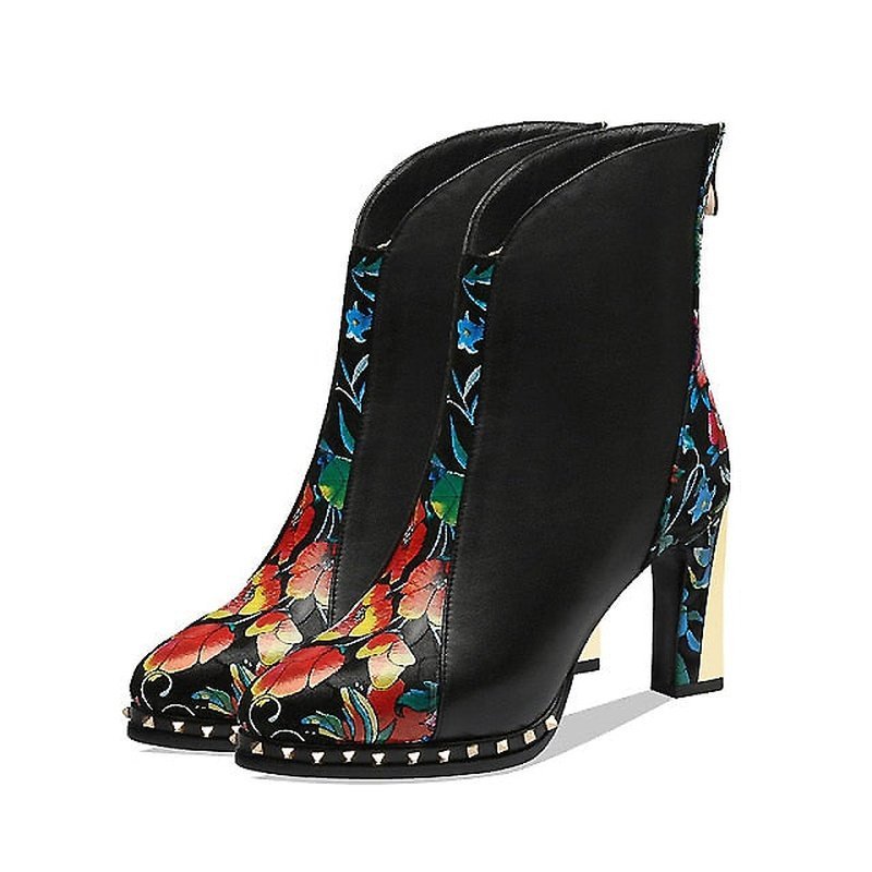 Genuine Leather Vibrant Floral High Gold Heeled Booties with Riveted Edge - Ideal Place Market