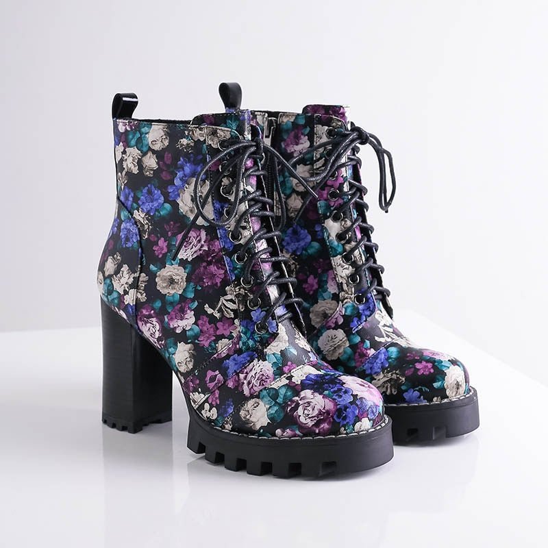Gorgeous Handmade Purple Floral Leather High Heel Lace-Up Booties - Ideal Place Market