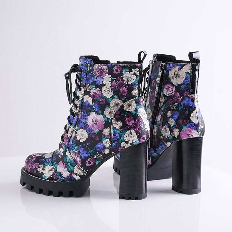 Gorgeous Handmade Purple Floral Leather High Heel Lace-Up Booties - Ideal Place Market