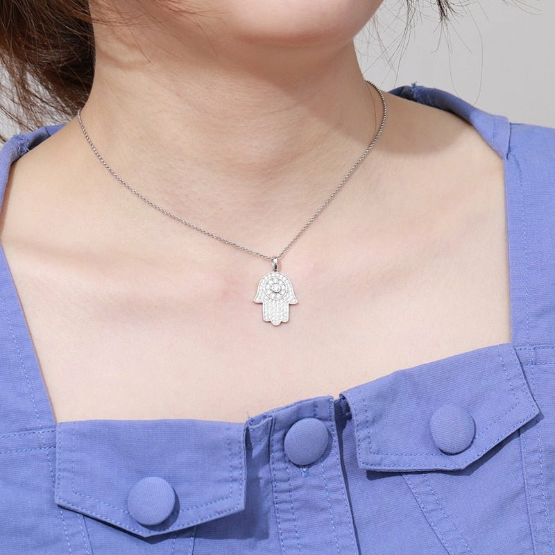 Hamsa Hand in 925 Silver & Moissanite Pendant Necklace - Ideal Place Market