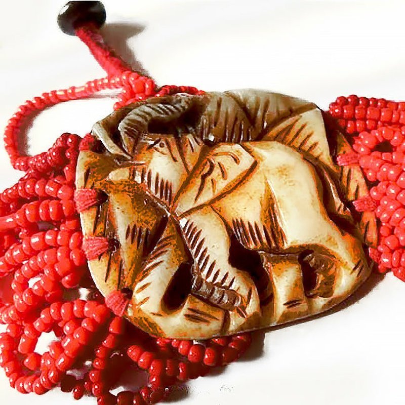 Hand Carved Elephant Pendant and Red Mini Bead Bracelet - Ideal Place Market