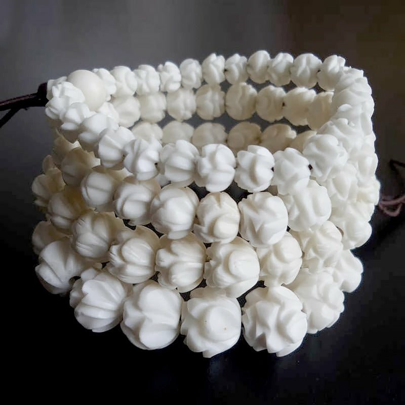 Hand Carved White Yak Bone Lotus Beaded Bracelet - Ideal Place Market