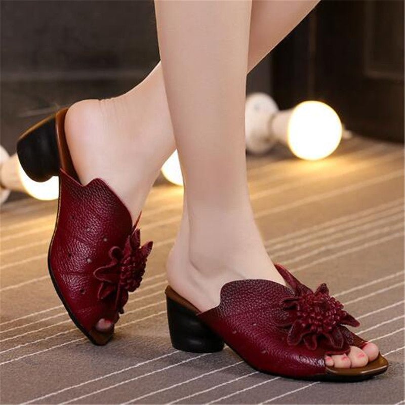 Hand-Cut Supple Tanned Leather Abstract Floral Summer Slipper Sandals - Ideal Place Market