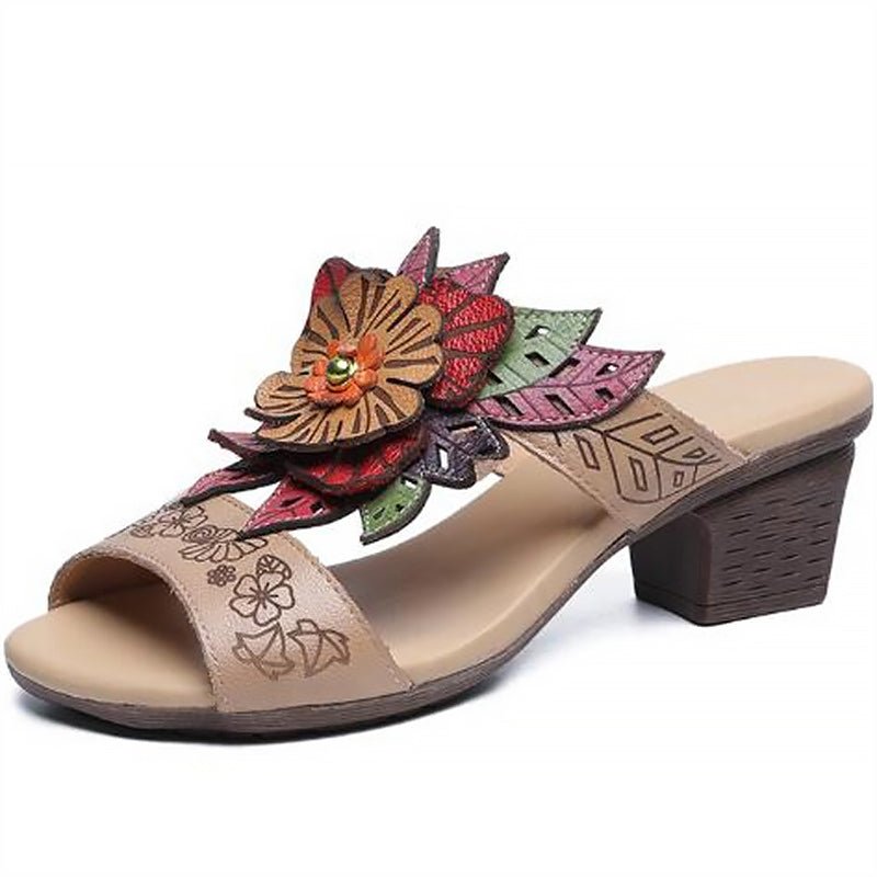 Hand-Made Etched Floral Multi-Color Tanned Leather Slides - Ideal Place Market
