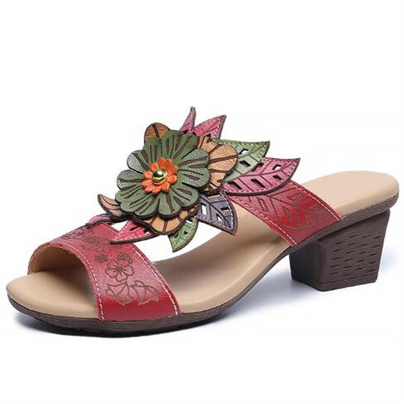 Hand-Made Etched Floral Multi-Color Tanned Leather Slides - Ideal Place Market