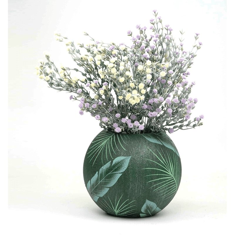 Hand-Painted Green Fronds 6 Inch Round Glass Vase - Ideal Place Market