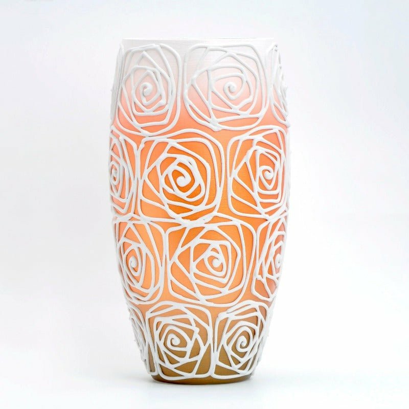 Hand-Painted Orange Squared Roses on 12 inch Blown Glass Vase - Ideal Place Market