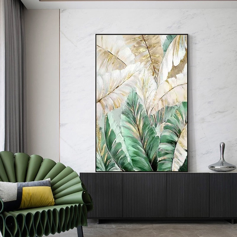 Hand-Painted Tropical Leaf Gold Foil Painting