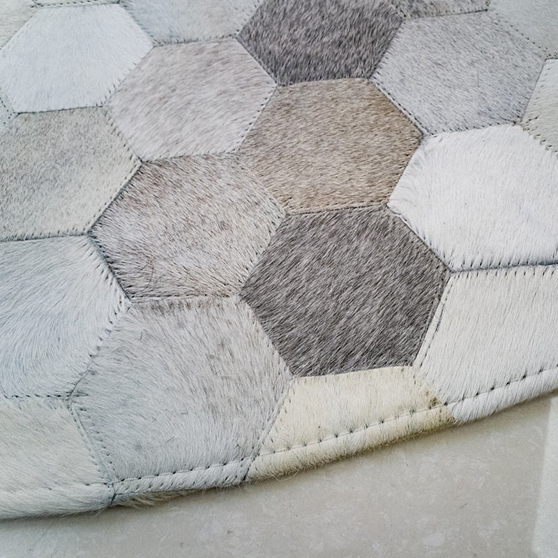 Hand Stitched Hex Patterned Round Cowhide Rug - Ideal Place Market