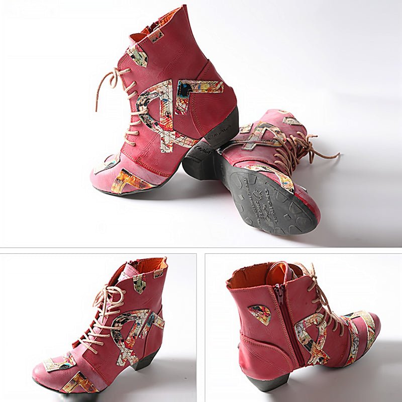 Hand Stitched Pebbled Cowhide Newspaper Appliqué Booties - Ideal Place Market