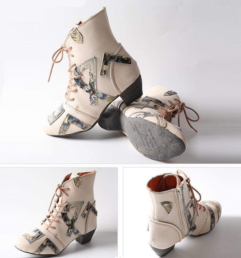 Hand Stitched Pebbled Cowhide Newspaper Appliqué Booties - Ideal Place Market