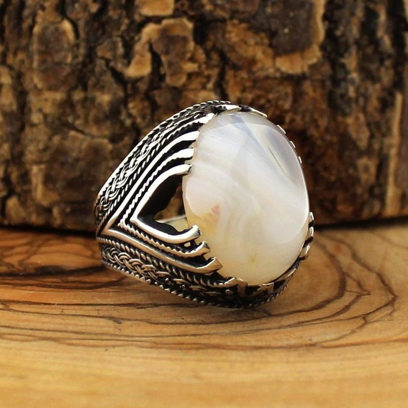 Handcrafted 925 Silver & Natural White Agate Ring - Ideal Place Market