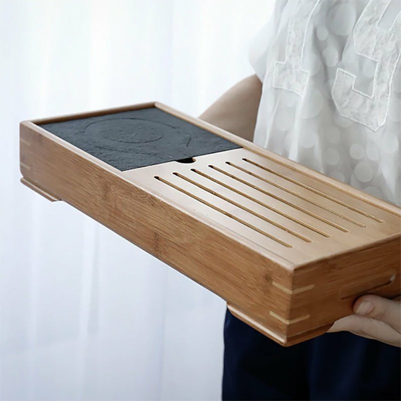 Handmade & Etched Black Stone and Bamboo Japanese Tea Tray - Ideal Place Market