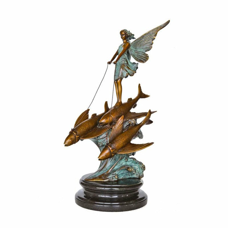 Handmade "Fairy Riding Flying Fish" Bronze Sculpture with Marble Base - Ideal Place Market