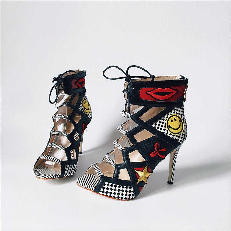 Handmade Genuine Leather & Embroidery Lace-Up Stiletto Sandals - Ideal Place Market