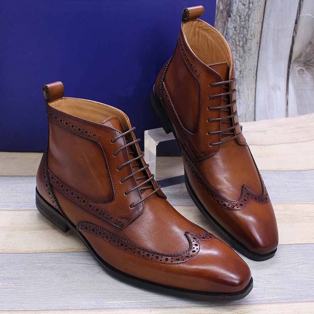Handmade Leather Lace-Up Wingtip Ankle Boots - Ideal Place Market