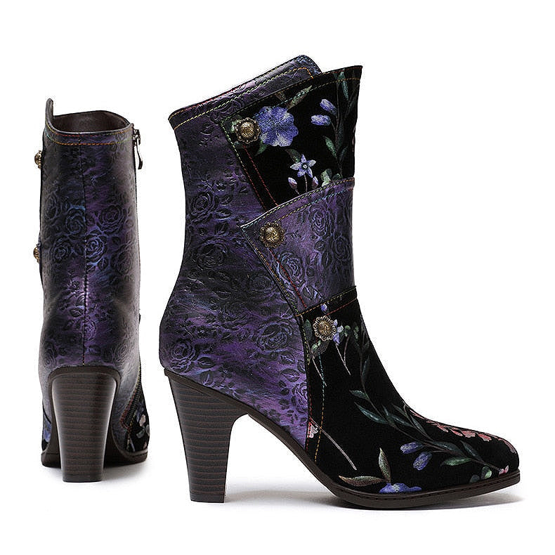 Handmade Mixed Floral Embossed Leather Zip-Up Boots