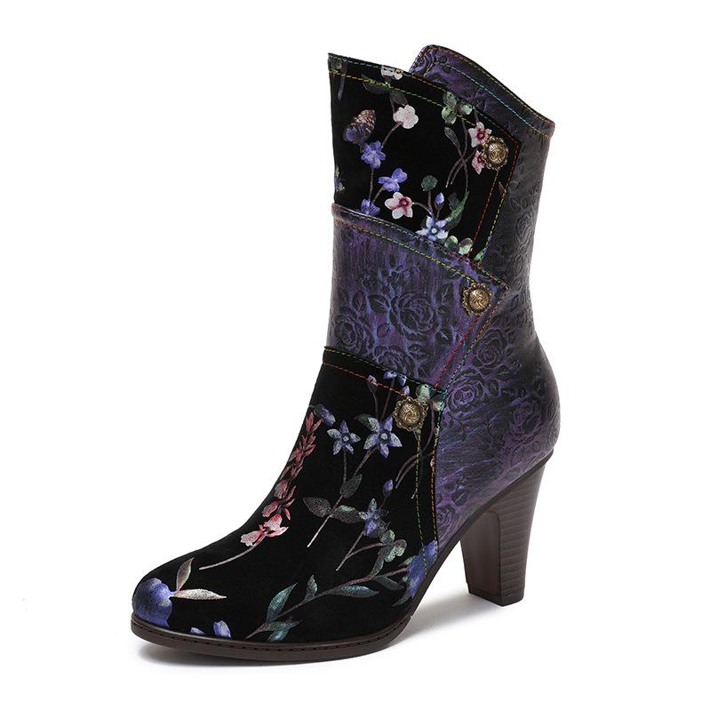 Handmade Mixed Floral Embossed Leather Zip-Up Boots - Purple