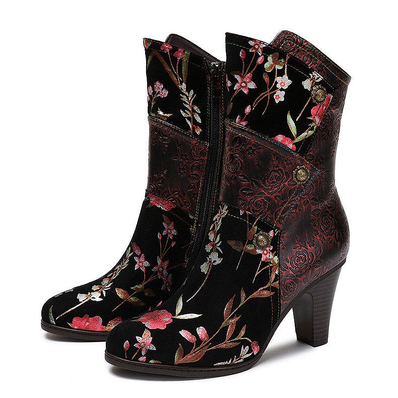 Handmade Mixed Floral Embossed Leather Zip-Up Boots
