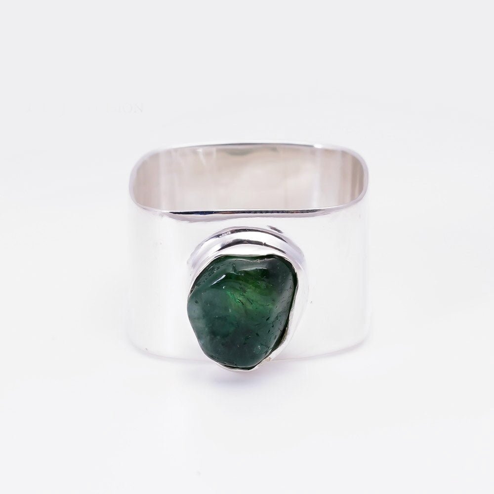 Handmade Natural Raw Emerald in S925 Silver Squared Ring - Ideal Place Market