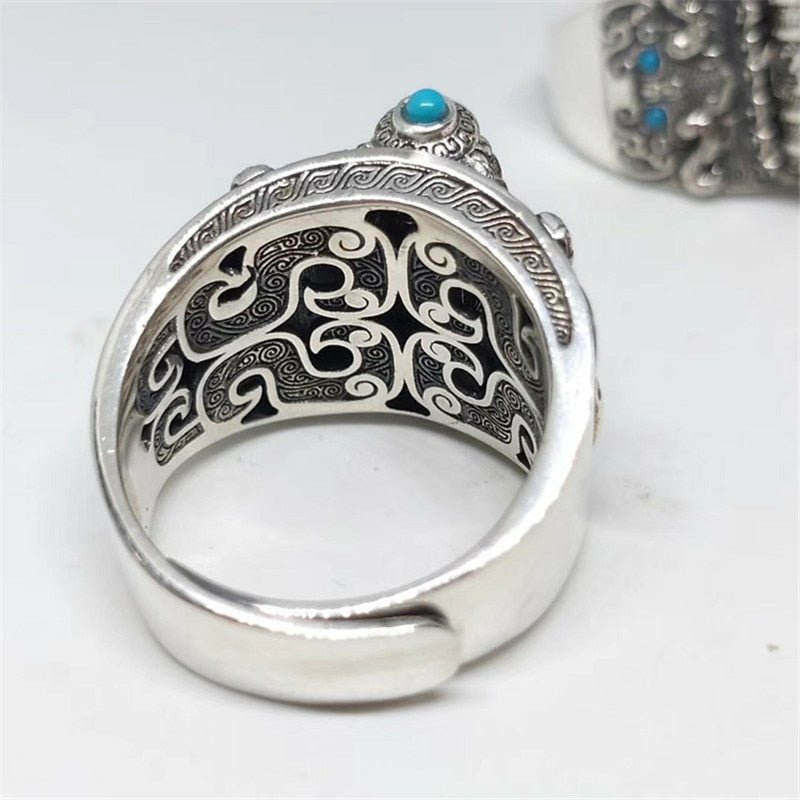 Handmade Turquoise & Silver Good Fortune Wheel Ring - Resizable - Ideal Place Market
