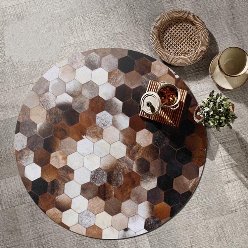 Hexed-Out Round Genuine Cowhide Rug - Ideal Place Market