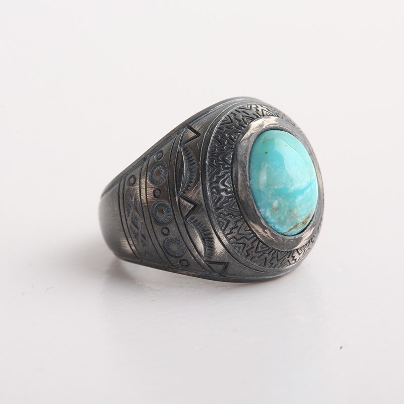 Indian Etched Sterling Silver Turquoise Inlaid Ring - Ideal Place Market