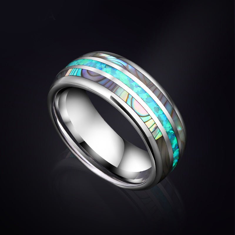 Inlayed Opal & Abalone Shell Tungsten Ring for Men - Ideal Place Market