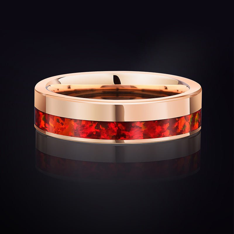 Inlayed Red Opal in Rose Gold Tungsten Ring - Ideal Place Market
