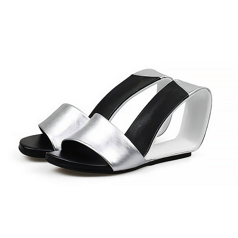 Italian Leather Open Loop Wedge Two-Toned Color Block High 