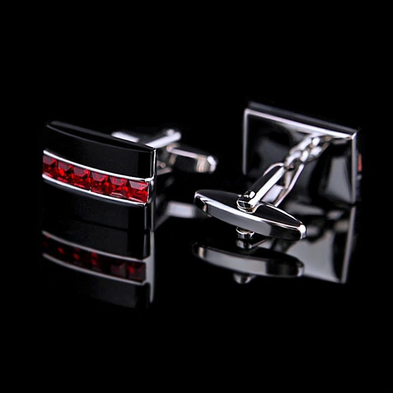 Jet Black on Silver Cufflinks with Channel Set Red Crystals - Ideal Place Market