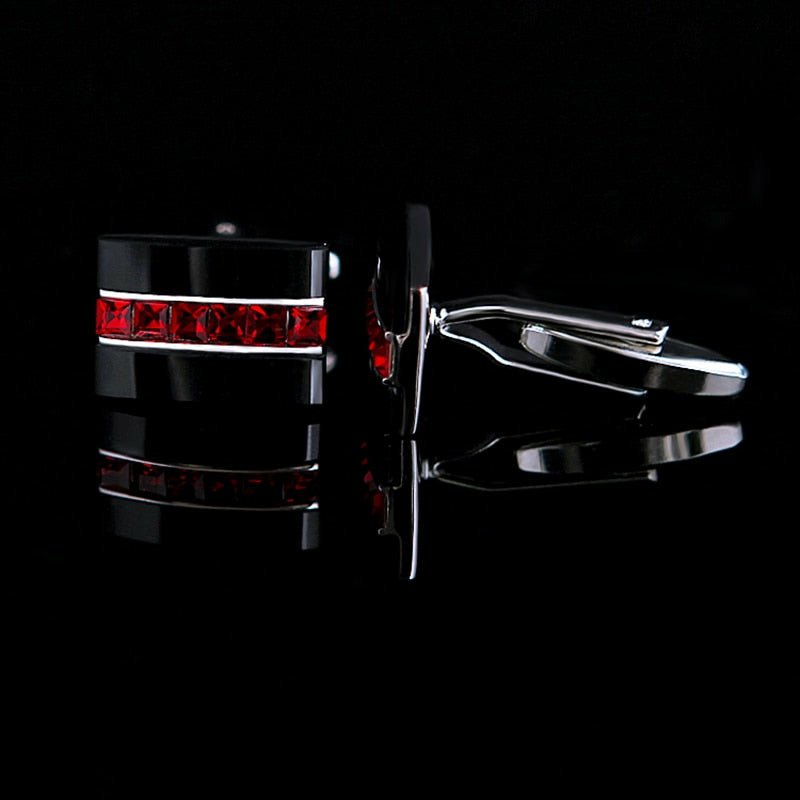 Jet Black on Silver Cufflinks with Channel Set Red Crystals - Ideal Place Market