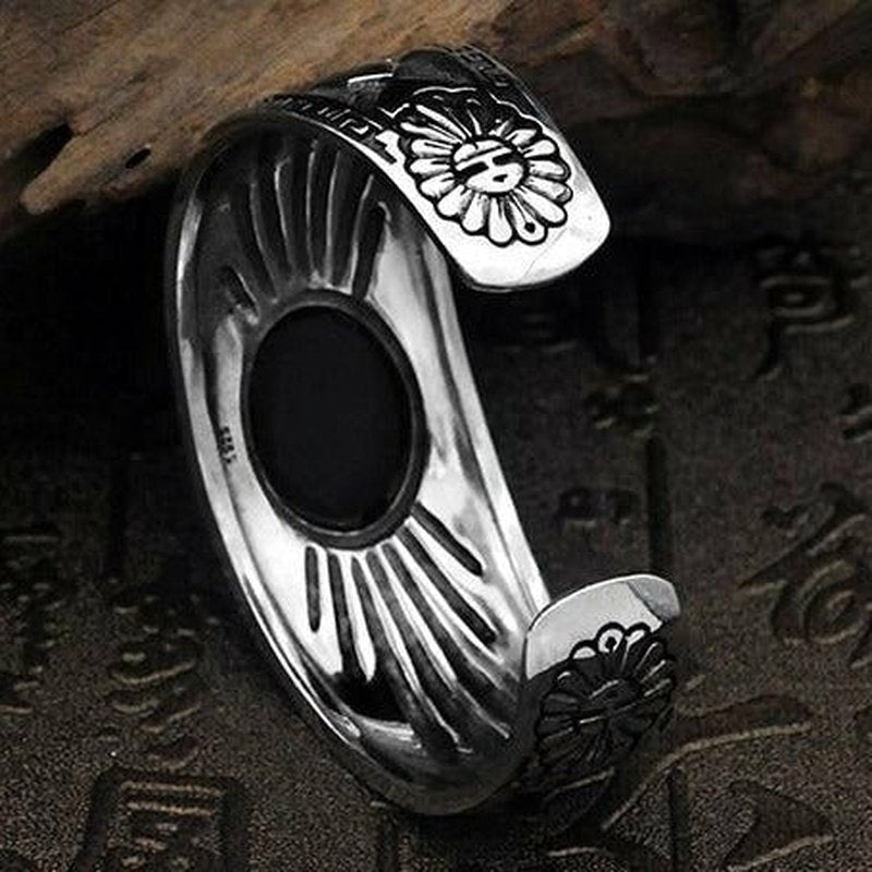 Jet Black Oval Agate Inlaid in 925 Silver Cuff Bracelet - Ideal Place Market