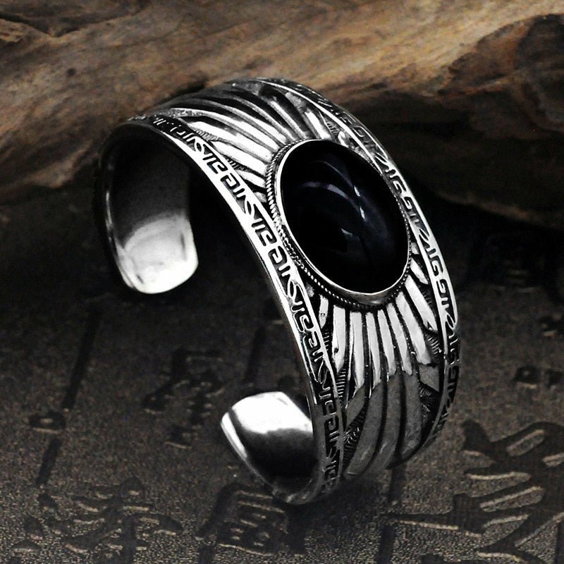 Jet Black Oval Agate Inlaid in 925 Silver Cuff Bracelet - Ideal Place Market