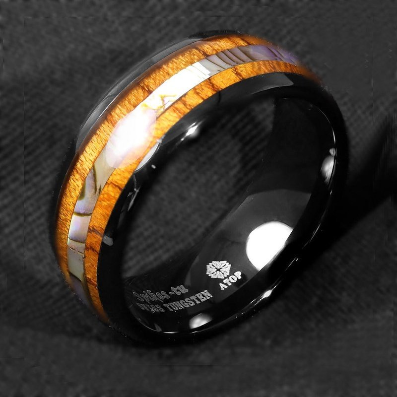 Koa Wood, Abalone & Black Tungsten Carbide Ring for Men - Ideal Place Market