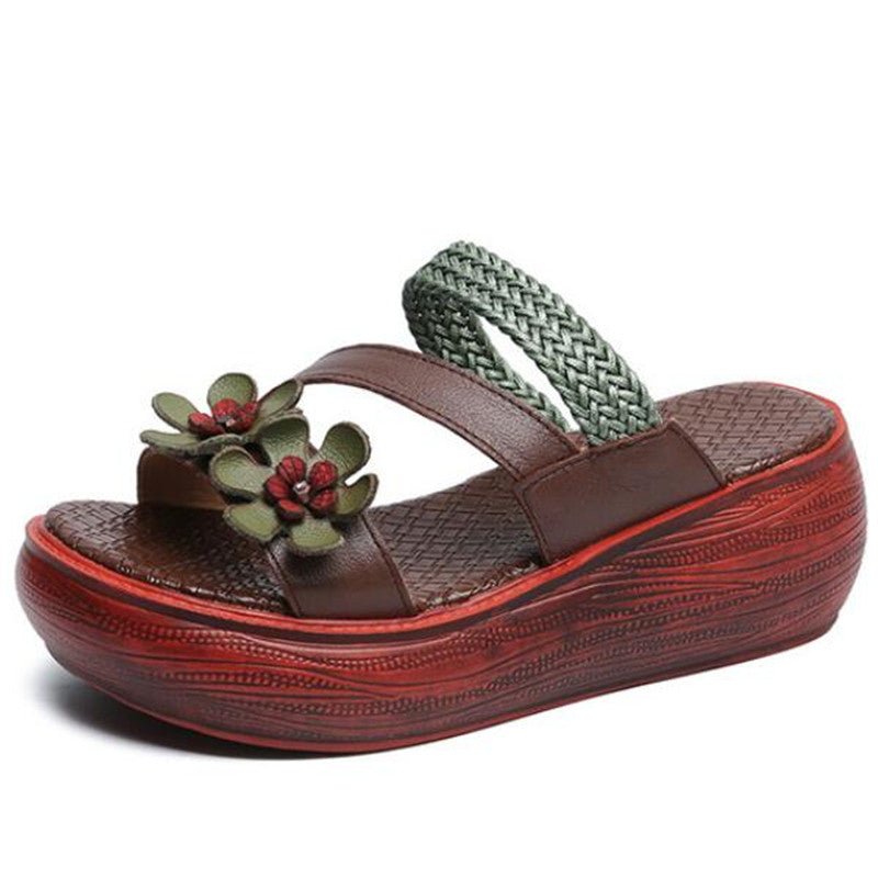 Luxurious Braided Tanned Cowhide Flower Power Platform Slides - Ideal Place Market