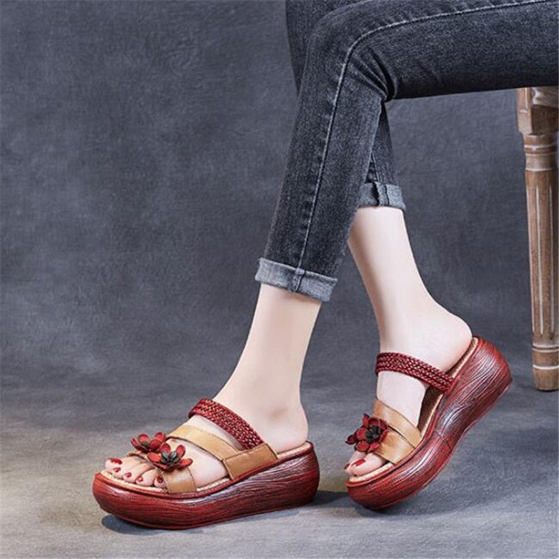 Luxurious Braided Tanned Cowhide Flower Power Platform Slides - Ideal Place Market