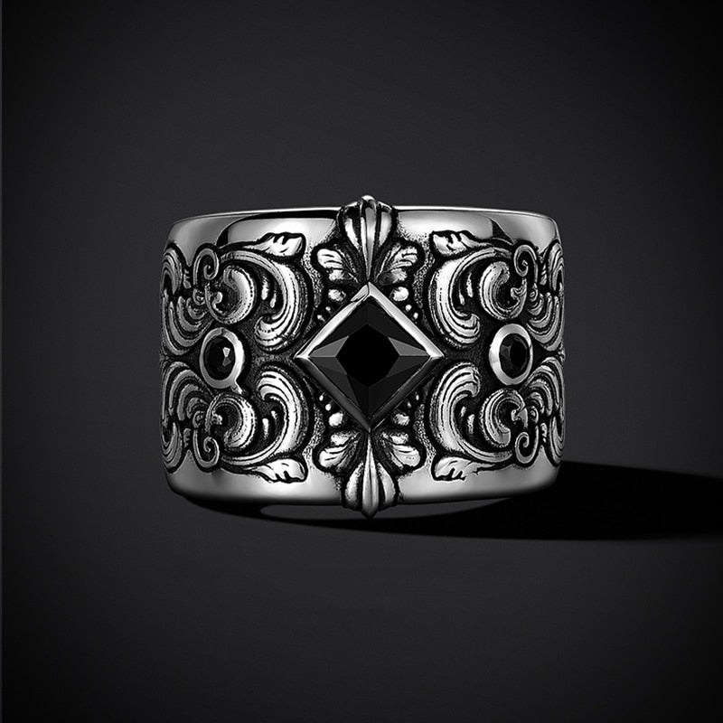 Men's Black Zircon & Rustic Detailed Silver Adjustable Ring - Ideal Place Market