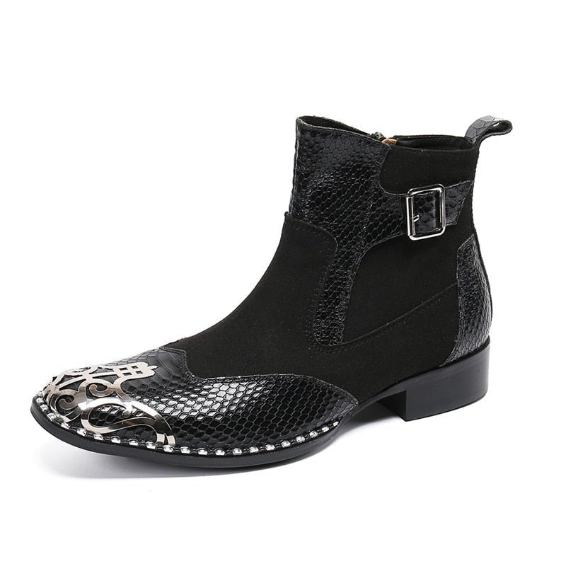 Men's Embossed Leather Ankle Boots with Filigree Toe & Rhinestones - Ideal Place Market